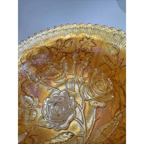 Marigold Carnival Glass Rose Pattern‎ Iridescent Bowl Decorative Vintage Dish 8” - Picture 7 of 9